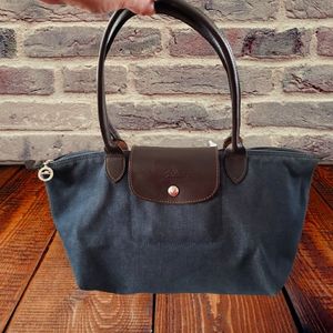 Vintage Longchamp Rare Canvas Leather Handle Blue Denim Shoulder Handbag